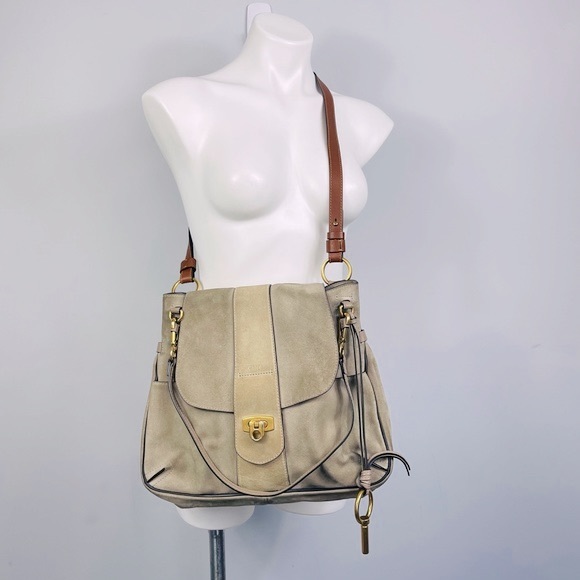 Chloe Lexa Crossbody Bag Suede Leather Medium Flap Key Taupe Beige Gray Boho - Picture 3 of 16